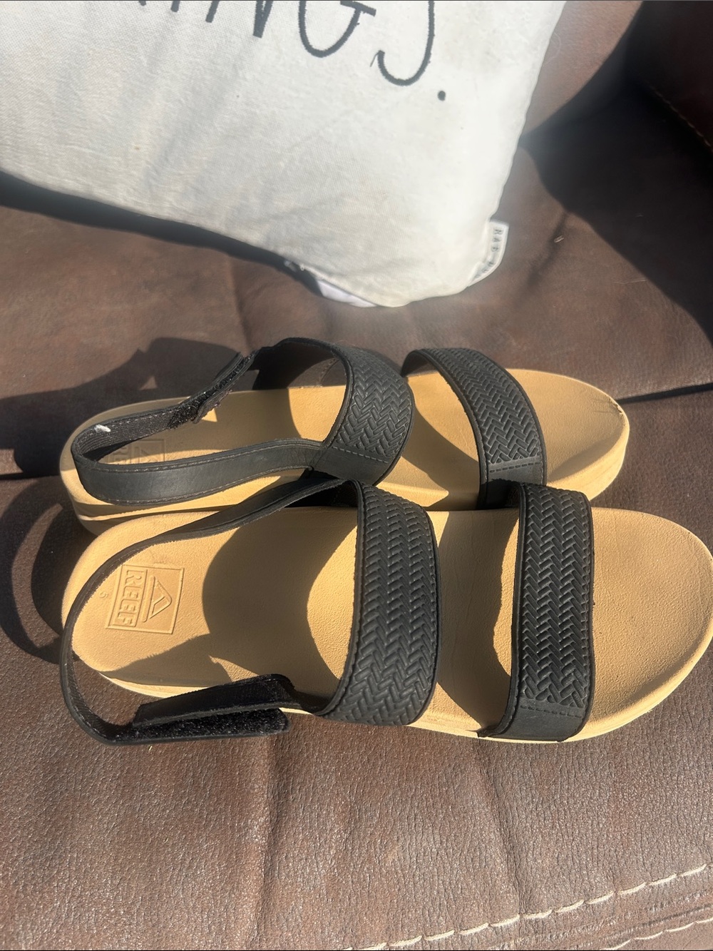 Reef Women's Black Strappy Sandals with Tan Footbed